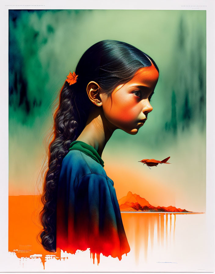 Portrait of girl with braided ponytail and flower in hair against vibrant surreal background with bird.