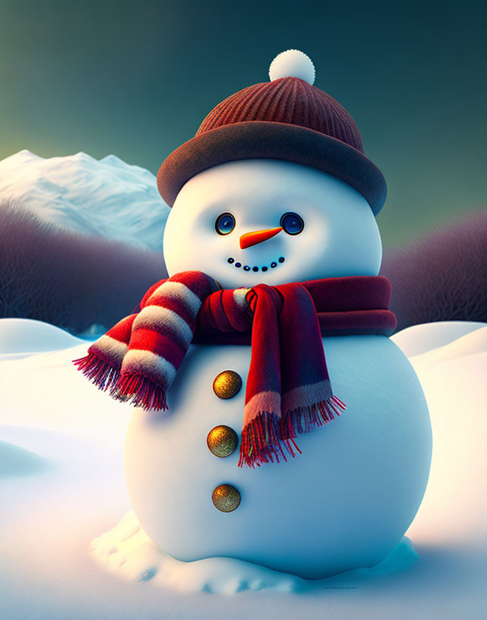 Cheerful snowman with brown hat and striped red scarf in snowy mountain scene