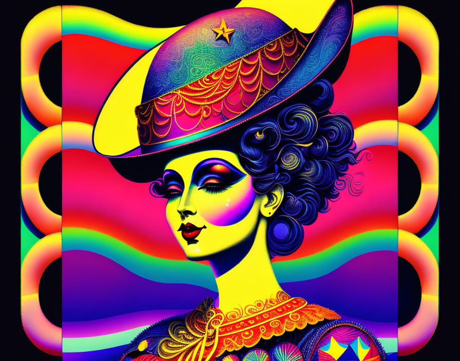 Colorful digital artwork of stylized woman with decorative hat, detailed collar, and wavy background