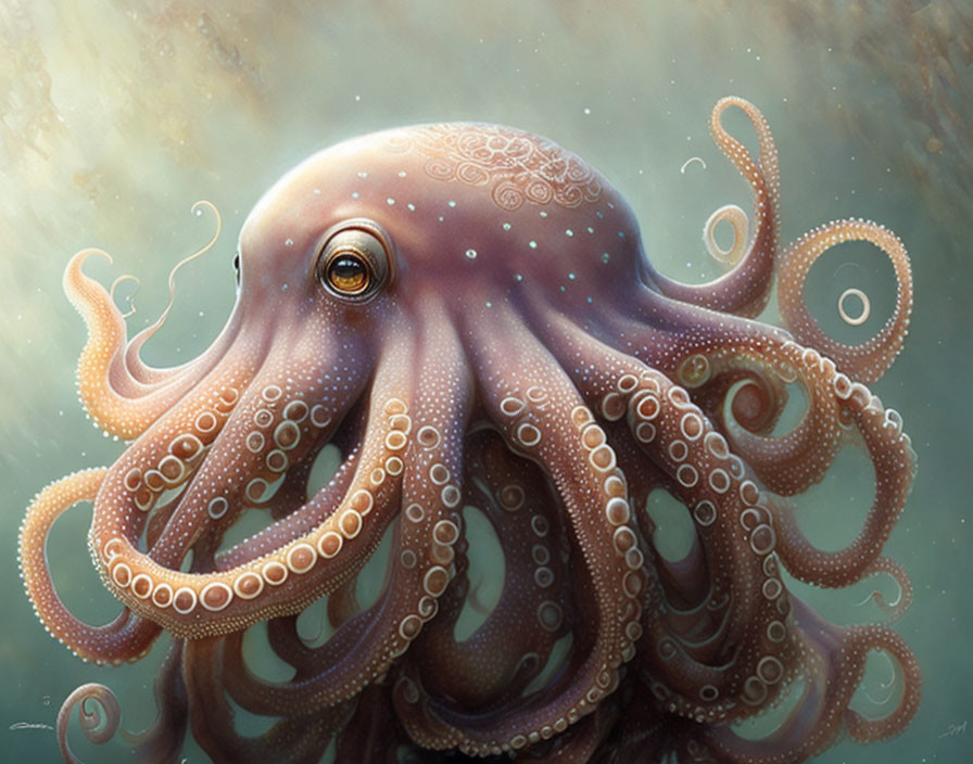 Detailed Octopus Illustration with Intricate Patterns and Expressive Eye in Underwater Setting