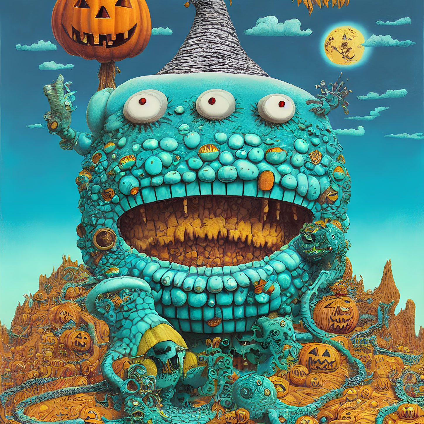 Blue monster with multiple eyes and sharp teeth in Halloween landscape