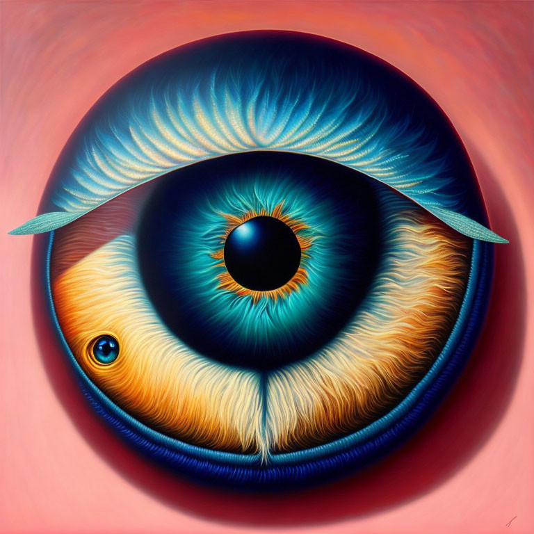 Detailed hyperrealistic painting of vibrant blue and gold eye with secondary eye