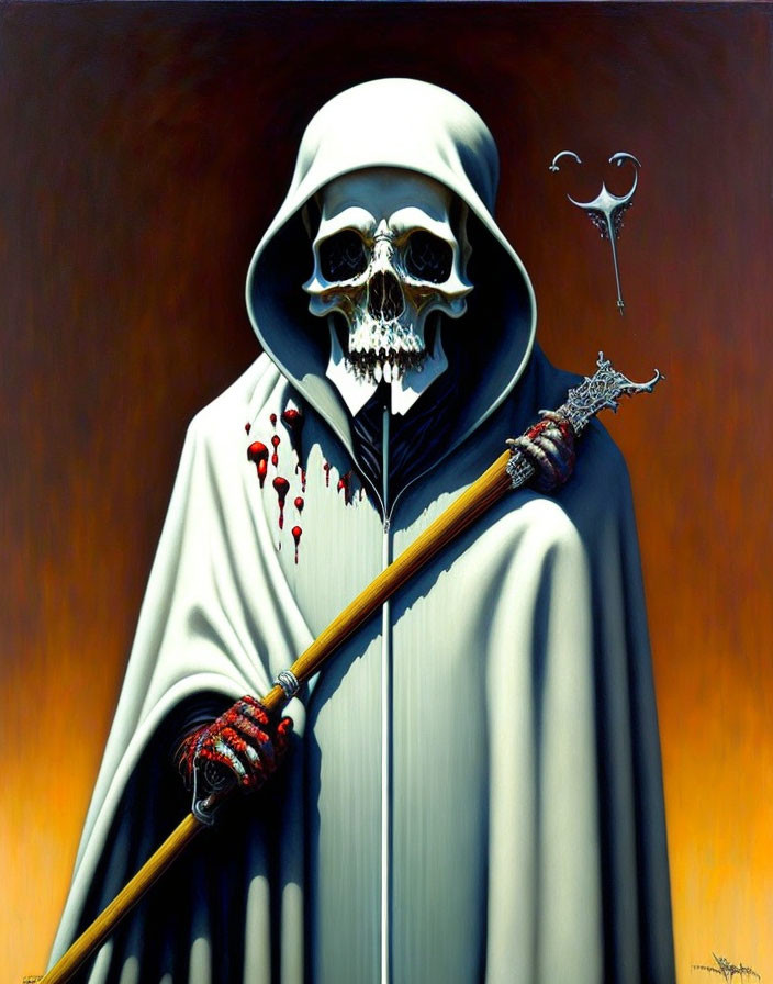 Skull-faced figure in robe with staff, blood spatters, surreal elements, dark atmosphere