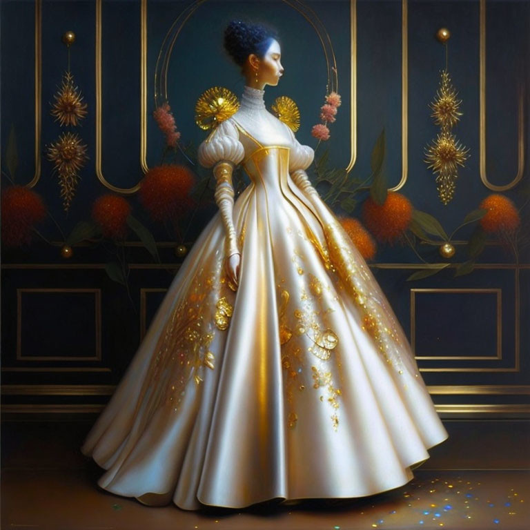 Woman in gold and white gown with flowers in front of dark backdrop with golden accents and luminous orbs