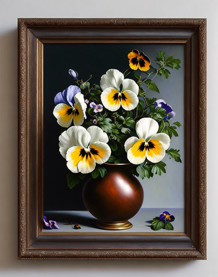 Realistic oil painting of vibrant pansies in a brown vase on dark background