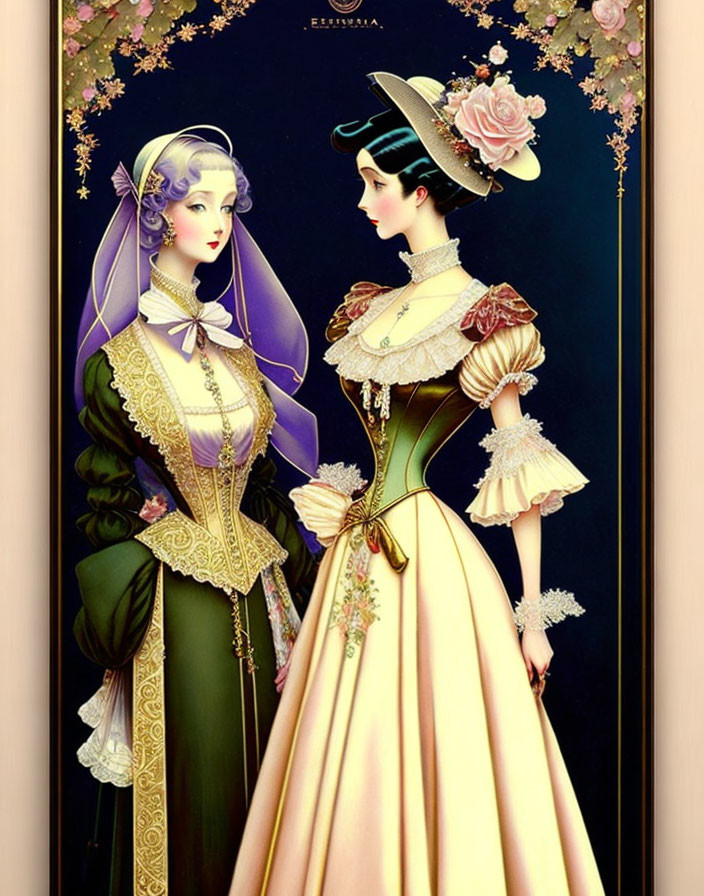 Stylized Victorian-inspired women in elegant attire and pastel colors against floral backdrop