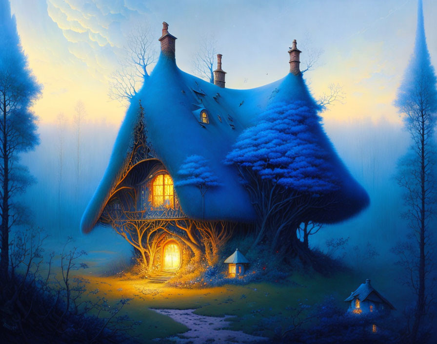 Whimsical house with blue mushroom-like roof in mystical forest