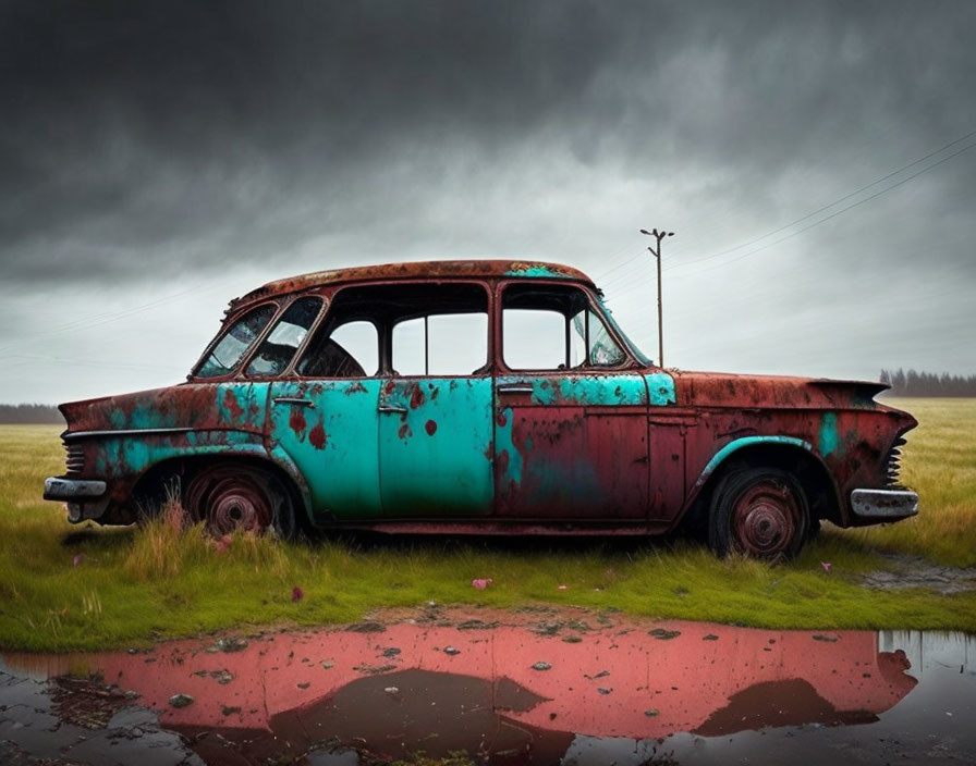 Rusted teal car abandoned in grassy field with reflection.