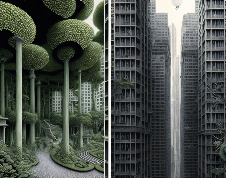 Surreal landscapes: tree-like structures with dome canopies alongside skyscrapers intertwined with greenery