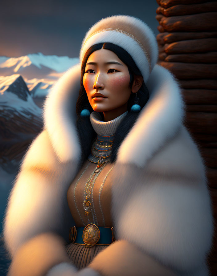 Asian woman in traditional outfit against sunset mountains