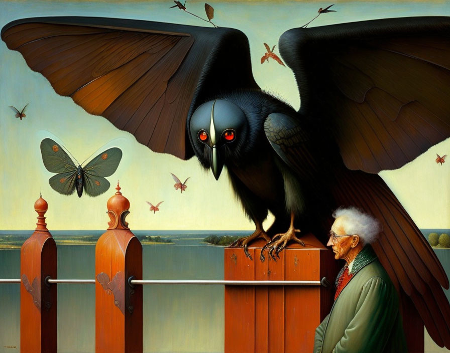 Elderly man in green coat near oversized crow with red eyes, surrounded by butterfly and birds