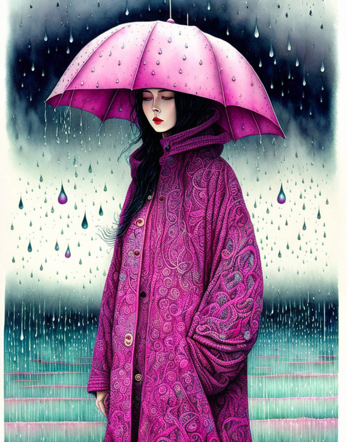 Woman in Patterned Purple Coat Standing in Rain with Closed Eyes