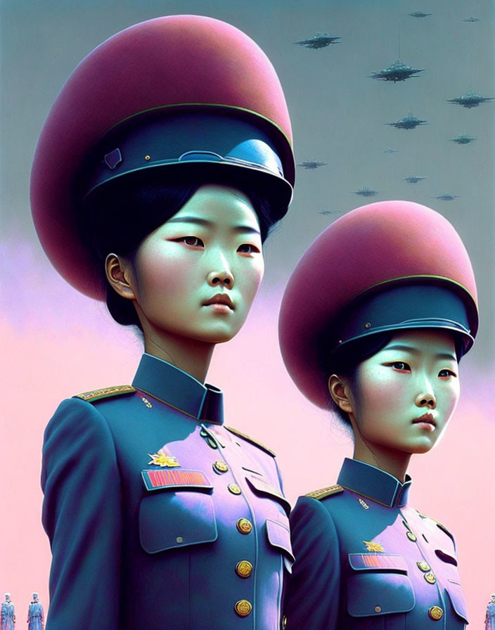 Two women in uniform with oversized red caps under pink sky and aircraft silhouettes