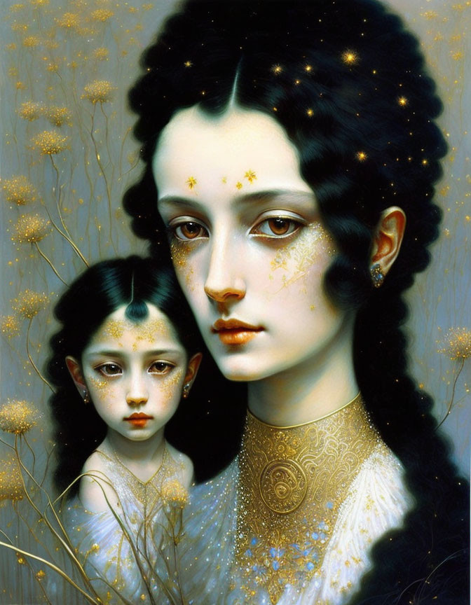 Two women with starry, embellished skin and dark hair in thoughtful poses.