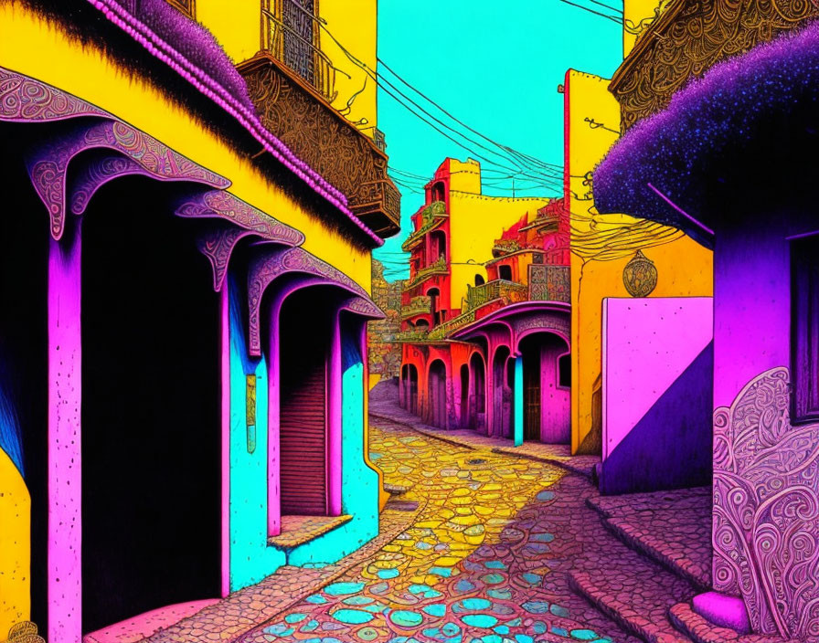 Vibrant Psychedelic Street Illustration with Neon Colors