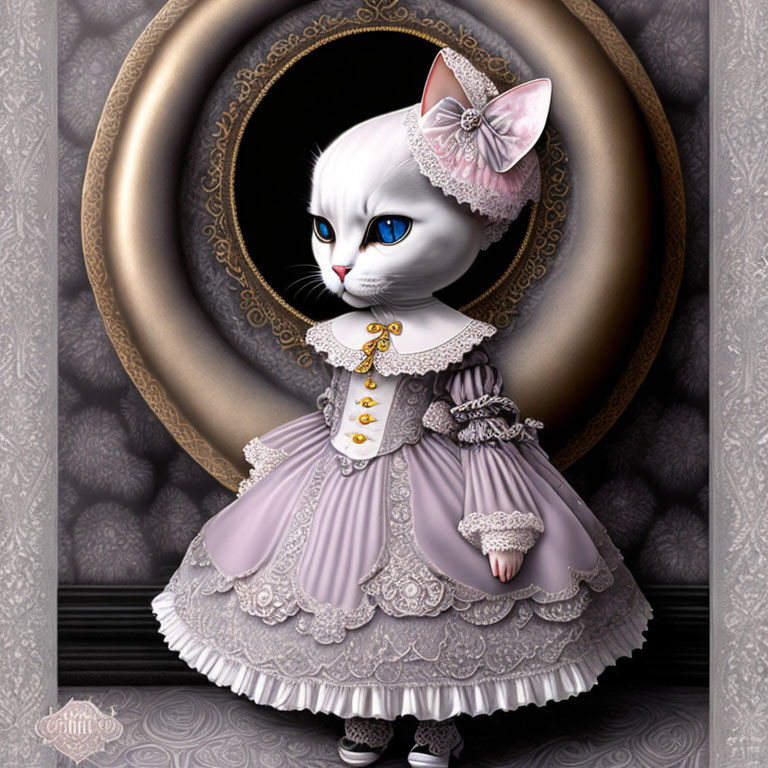 White Cat in Victorian Gown with Mirror Reflection