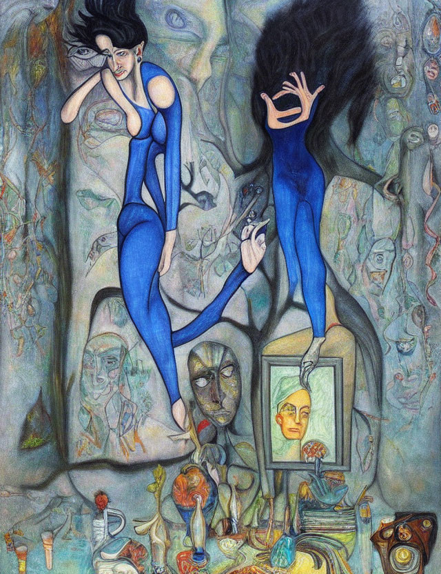 Blue humanoid figures in surreal scene with exaggerated features