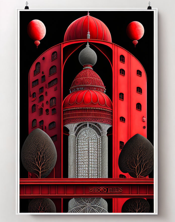 Surreal red-themed architectural structure with domes, arches, and trees under floating red orbs