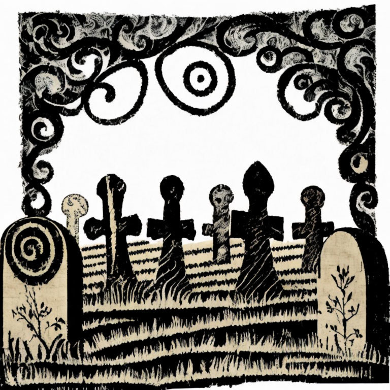 Silhouetted Figures Among Tombstones Under Ornate Frame