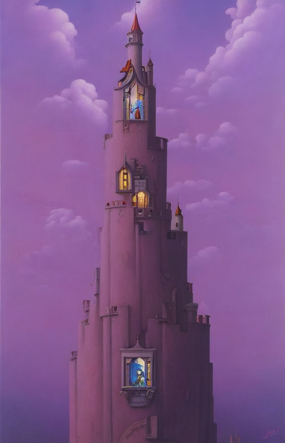 Whimsical pink tower with golden crescent moon in purple sky