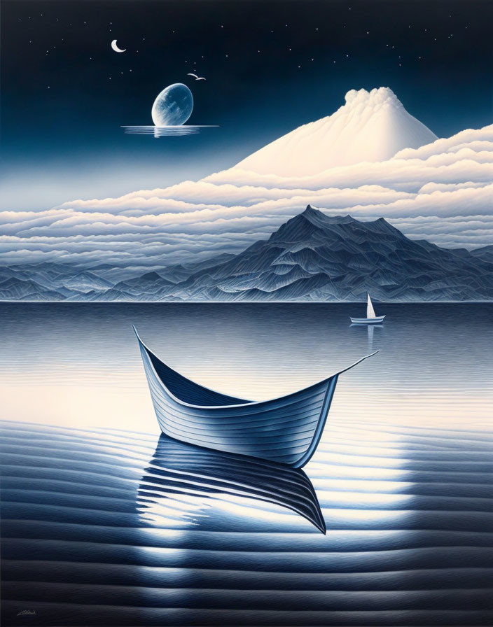 Tranquil night landscape with boat, mountains, clouds, moon, and planet