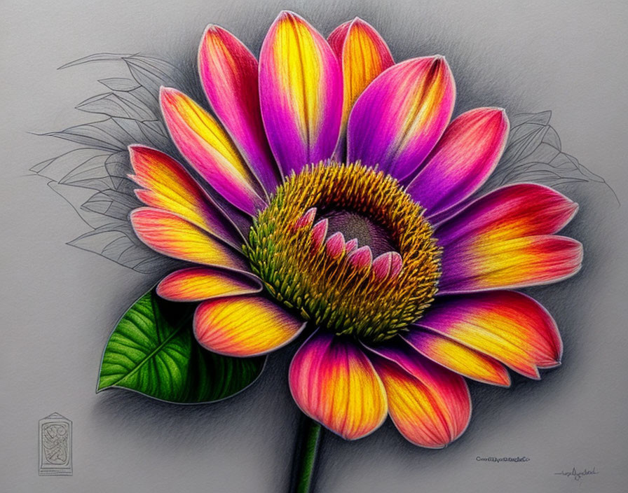 Detailed colored pencil drawing of vibrant daisy on grey textured background