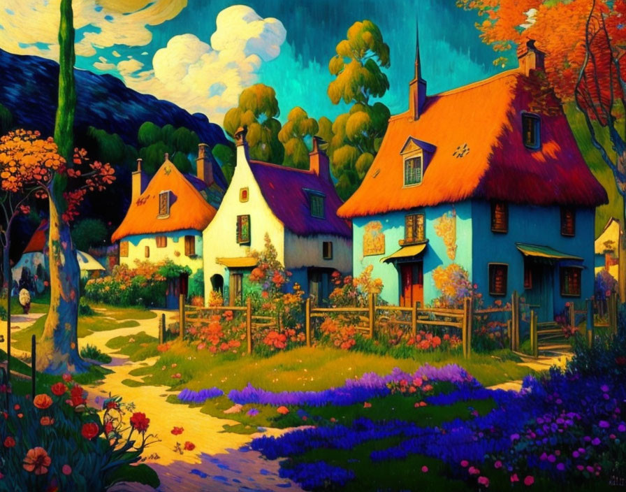 Colorful Rural Scene with Thatched-Roof Cottages and Flowers