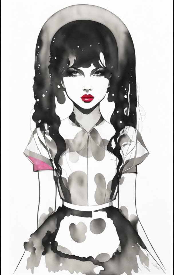 Stylized woman with bold lipstick in monochrome illustration