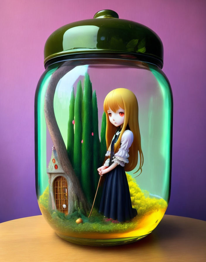 Miniature fantasy scene in glass jar with girl, house, and trees on purple backdrop