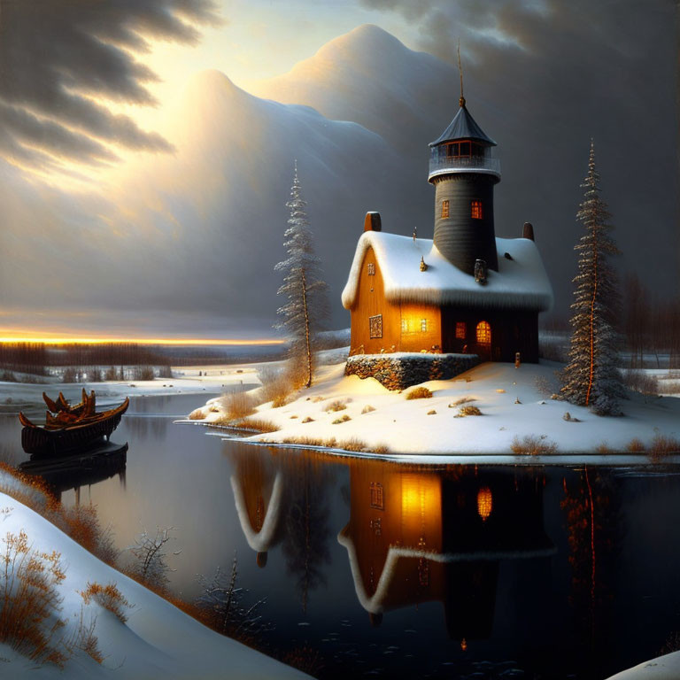 Snowy landscape with cozy house by illuminated lake at dusk