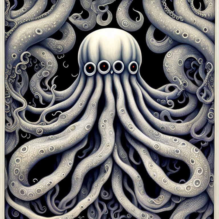 Detailed Octopus Illustration with Swirling Tentacles and Red-Eyed Siphons