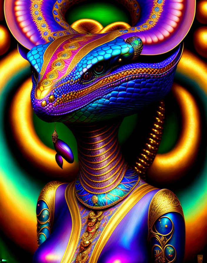 Colorful digital artwork: humanoid figure with snake head and intricate patterns