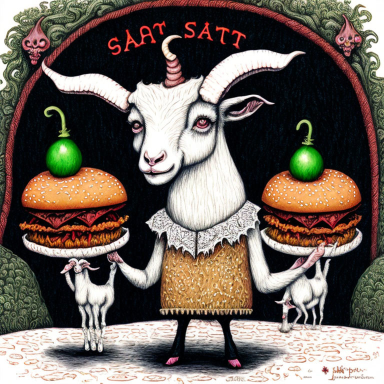 Whimsical goat illustration with human-like features and burgers