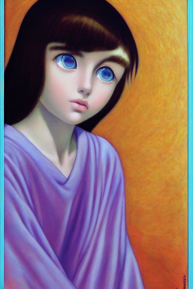 Stylized image of girl with large blue eyes and dark hair in purple garment