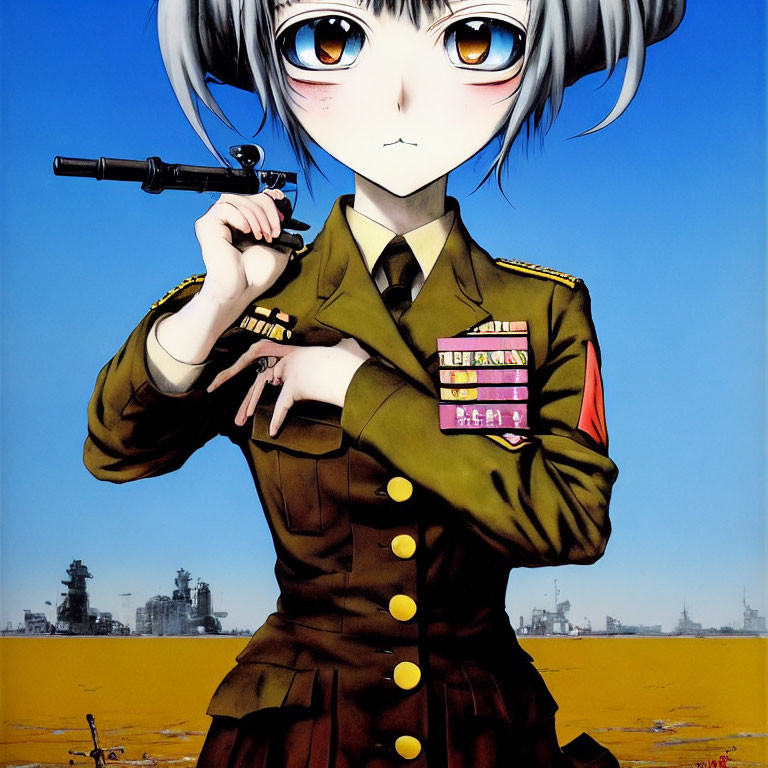 Anime-style character in military uniform with gun, industrial backdrop.