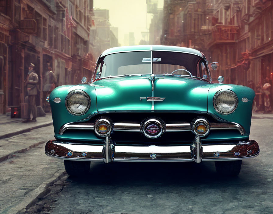 Vintage teal car on bustling street with pedestrians and old buildings