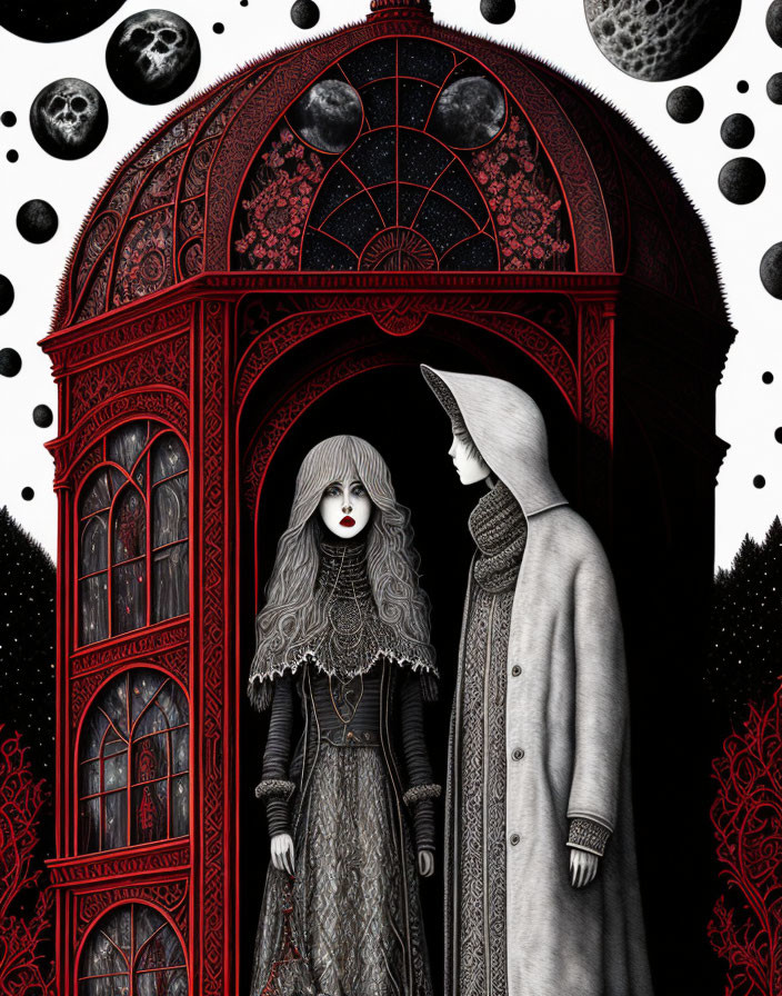 Gothic-styled characters under red ornate arched structure