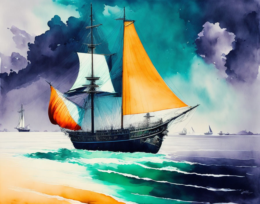 Colorful Sailboat Watercolor Painting with Orange Sails on Blue and Green Sea