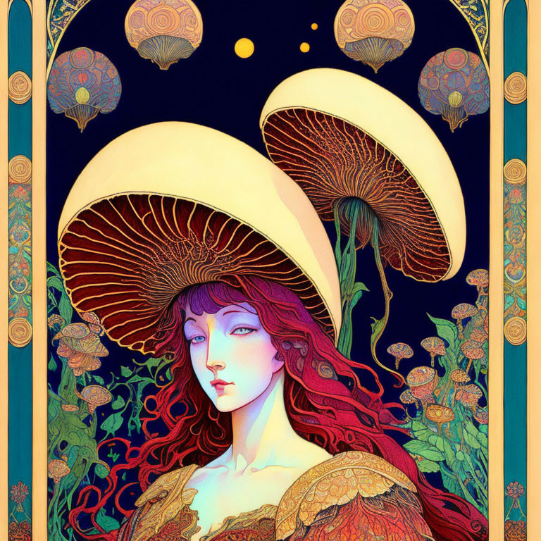 Illustration of red-haired woman with mushroom hat in floral and fungal setting