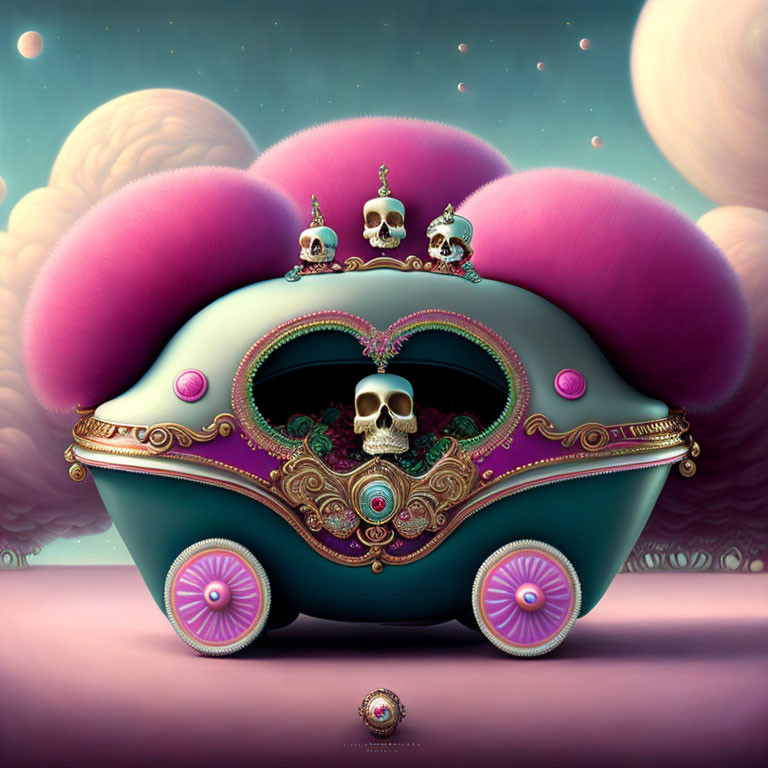 Fantasy Carriage with Skull Design and Pink Cushions in Cloudy Sky