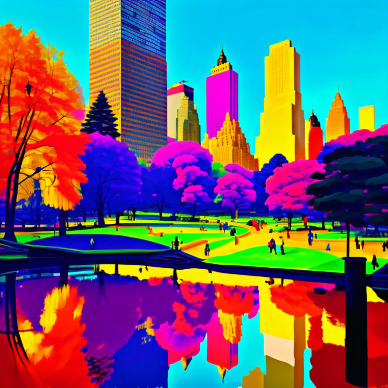 Neon-colored park scene with reflections, people, and skyscrapers