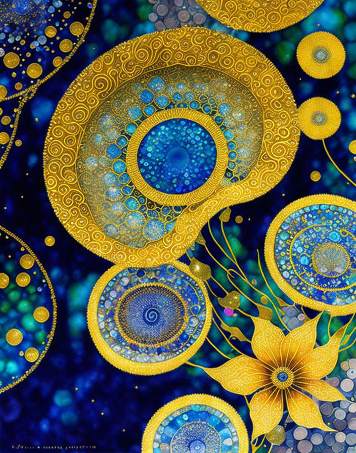 Vivid swirling patterns with golden flower in cosmic setting