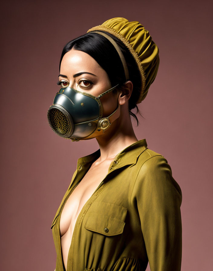 Stylish woman in headwrap and steampunk gas mask on salmon-pink backdrop