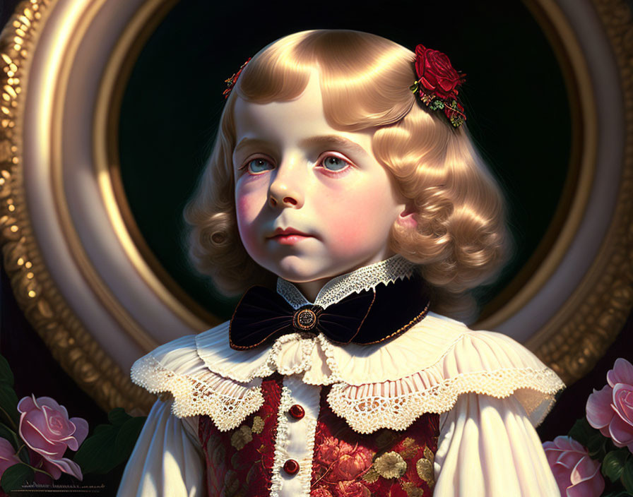 Child portrait in red velvet dress with blonde curls and lace collar in ornate oval frame