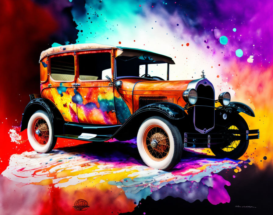 Colorful Classic Car Artwork with Cosmic Paint Job on Multicolored Background