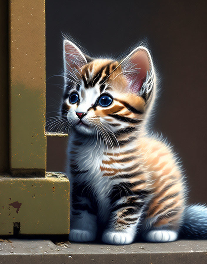 Tabby kitten with blue eyes by yellow doorframe