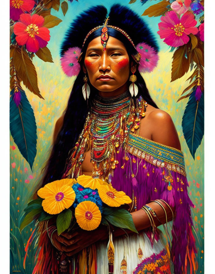 Traditional Native American Woman Portrait with Feather Headdress and Flowers