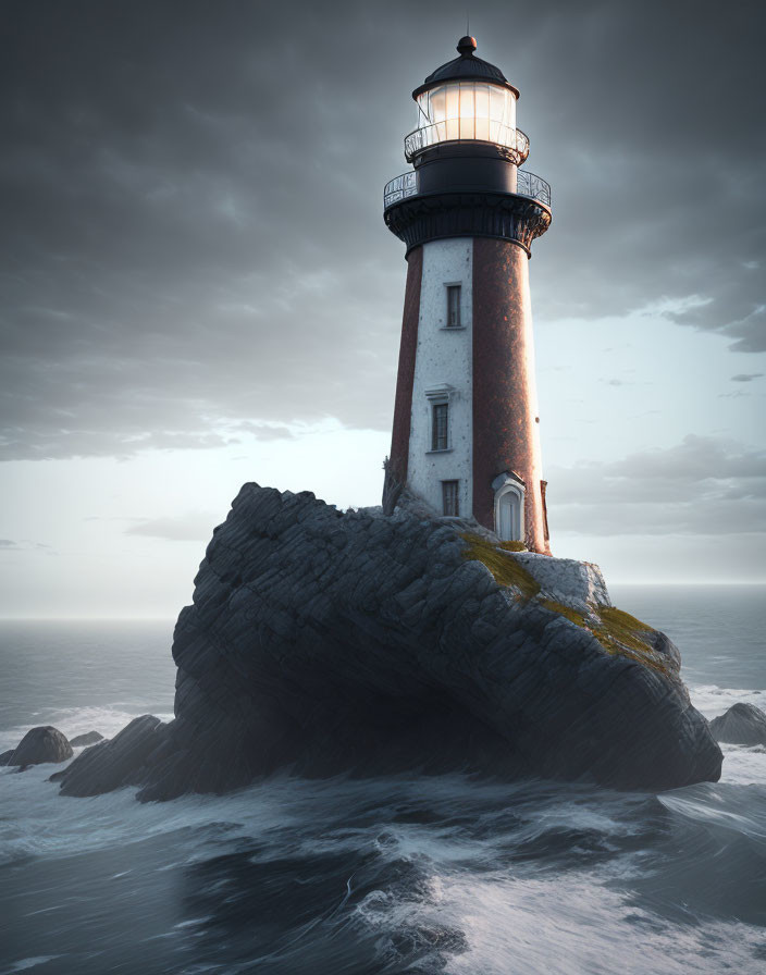 Lonely lighthouse on cliff with crashing waves under overcast sky