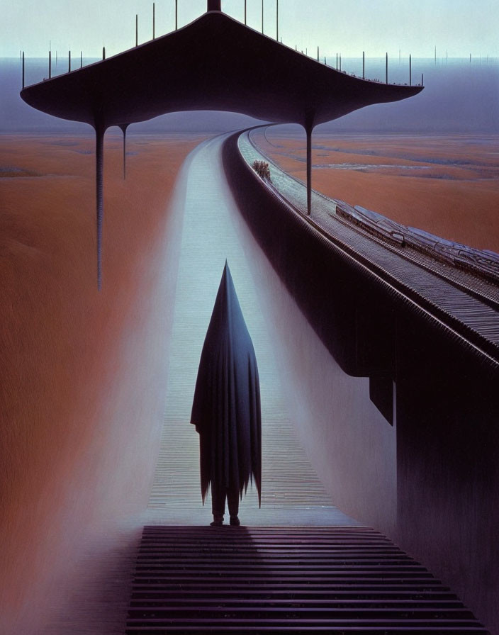 Surreal image: rocket, stairway, road, train track, canopy