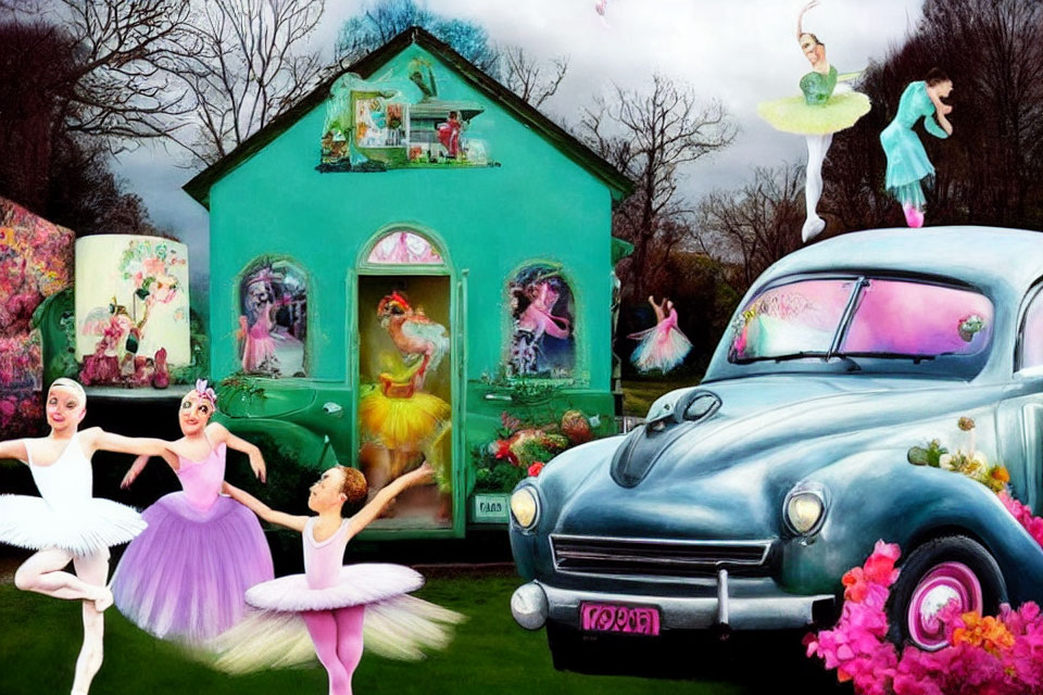 Colorful ballerinas, classic car, and whimsical house with fairy figures in vibrant scene